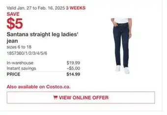 Costco Santana straight leg ladies' jean offer