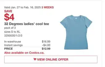 Costco 32 Degrees ladies' cool tee offer