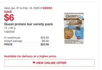 Costco Quest protein bar variety pack offer