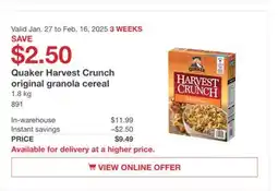 Costco Quaker Harvest Crunch original granola cereal offer