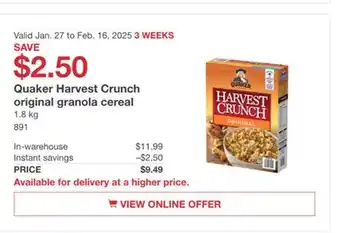 Costco Quaker Harvest Crunch original granola cereal offer