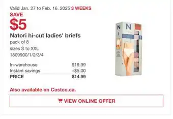 Costco Natori hi-cut ladies' briefs offer