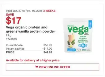 Costco Vega organic protein and greens vanilla protein powder offer