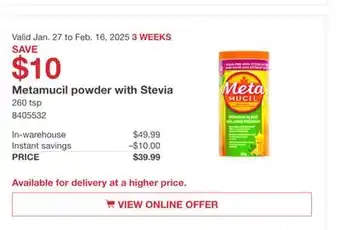 Costco Metamucil powder with Stevia offer