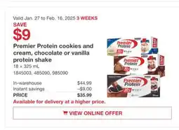 Costco Premier Protein cookies and cream, chocolate or vanilla protein shake offer