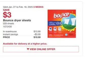 Costco Bounce dryer sheets offer