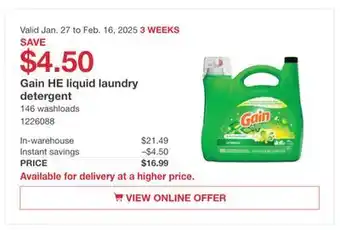 Costco Gain HE Liquid Laundry Detergent offer