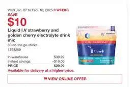 Costco Liquid I.V strawberry and golden cherry electrolyte drink mix offer