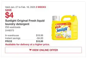 Costco Sunlight Original Fresh Liquid Laundry detergent offer