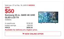 Costco Samsung 55-in. Q60D 4K UHD QLED LCD TV offer