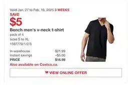 Costco Bench men's v-neck t-shirt offer