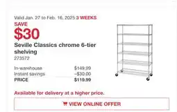 Costco Seville Classics chrome 6-tier shelving offer