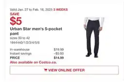 Costco Urban Star men's 5-pocket pant offer