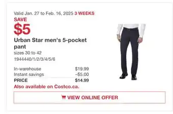 Costco Urban Star men's 5-pocket pant offer