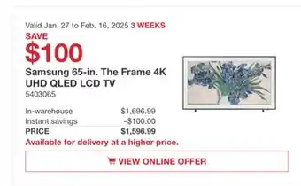 Costco Samsung 65-in. The Frame 4K UHD QLED LCD TV offer