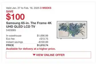 Costco Samsung 65-in. The Frame 4K UHD QLED LCD TV offer