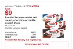 Costco Premier Protein cookie and cream, chocolate or vanilla Protein shake offer