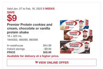 Costco Premier Protein cookie and cream, chocolate or vanilla Protein shake offer