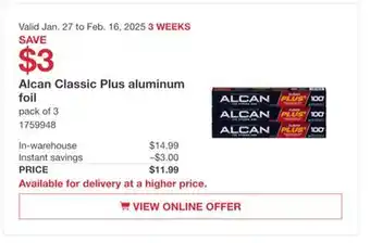 Costco Alcan Classic Plus aluminum foil offer