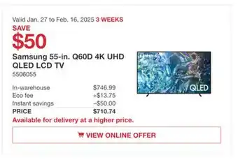 Costco Samsung 55-in. Q60D 4K UHD QLED LCD TV offer