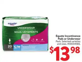 Walmart Equate Incontinence Pads or Underwear offer