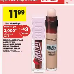 Real Canadian Superstore MAYBELLINE INSTANT AGE REWIND CONCEALER, LIFTER PLUMP GLOSS OR SUNKISSER BLUSH offer