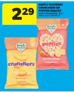 Real Canadian Superstore SIMPLY GOURMET CRUNCHERS OR PUFFIES SNACKS, 32 G offer