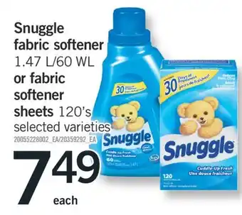 Fortinos SNUGGLE FABRIC SOFTENER, 1.47 L/60 WL OR FABRIC SOFTENER SHEETS, 120'S offer