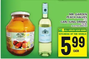 Food Basics MR. GARDEN PEACH HALVES OR CARL JUNG DRINKS offer