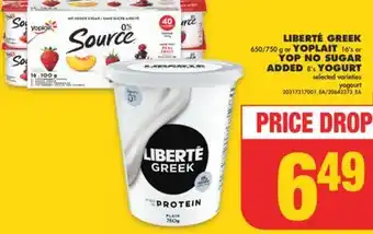 No Frills LIBERTÉ GREEK, 650/750 g or YOPLAIT, 16's or YOP NO SUGAR ADDED, 8's YOGURT offer