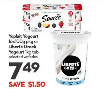 Longo's Yoplait Yogourt 16x100g pkg or Liberté Greek Yogourt 1kg tub offer