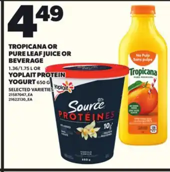 Loblaws TROPICANA OR PURE LEAF JUICE OR BEVERAGE 1.36/1.75L OR YOPLAIT PROTEIN YOGURT 650G offer