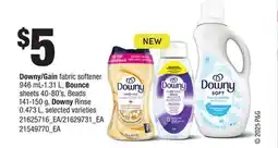 Loblaws DOWNY/GAIN FABRIC SOFTENER 946ML-1.31L, BOUNCE SHEETS 40-80'S, BEADS 141-150G, DOWNY RINSE 0.473L offer