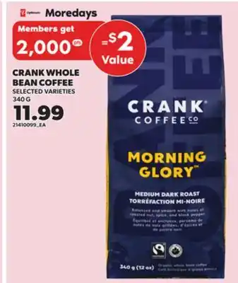 Loblaws CRANK WHOLE BEAN COFFEE 340G offer