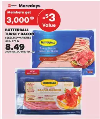 Loblaws BUTTERBALL TURKEY BACON 300/375G offer