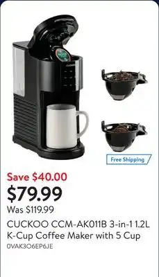 Walmart CUCKOO CCM-AK011B 3-in-1 1.2L K-Cup Coffee Maker with 5 Cup offer