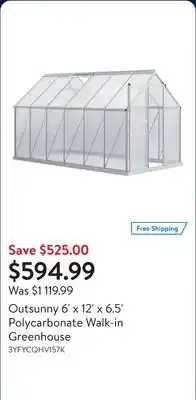 Walmart Outsunny 6' x 12' x 6.5' Polycarbonate Walk-in Greenhouse offer