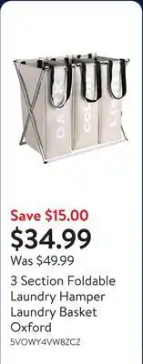 Walmart 3 Section Foldable Laundry Hamper Laundry Basket Oxford offer