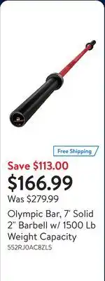 Walmart Olympic Bar, 7' Solid 2 Barbell w/ 1500 Lb Weight Capacity offer