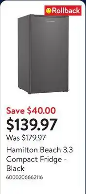 Walmart Hamilton Beach 3.3 Compact Fridge - Black offer