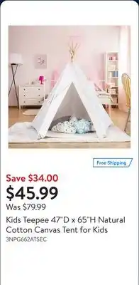 Walmart Kids Teepee 47D x 65H Natural Cotton Canvas Tent for Kids offer