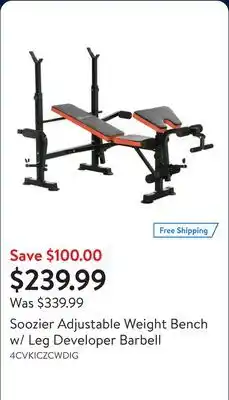 Walmart Soozier Adjustable Weight Bench w/ Leg Developer Barbell offer