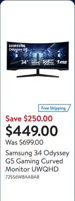 Walmart Samsung 34 Odyssey G5 Gaming Curved Monitor UWQHD offer