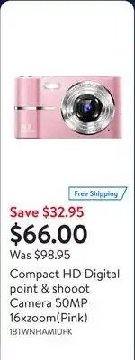 Walmart Compact HD Digital point & shooot Camera 50MP 16xzoom(Pink) offer