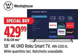 Canadian Tire Westinghouse 58˝ 4K UHD Roku Smart TV offer