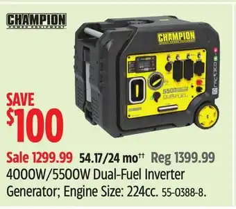 Canadian Tire Champion 4000W/5500W Dual-Fuel Inverter Generator Engine Size: 224cc offer