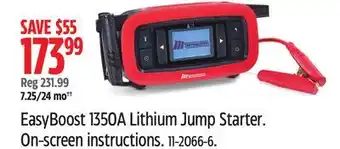 Canadian Tire Motomaster EasyBoost 1350A Lithium Jump Starter. On-screen instructions offer