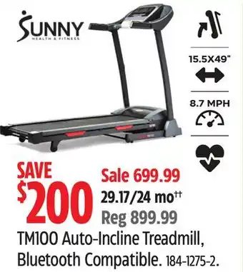 Canadian Tire Sunny Health & Fitness TM100 Auto-Incline Treadmill, Bluetooth Compatible offer