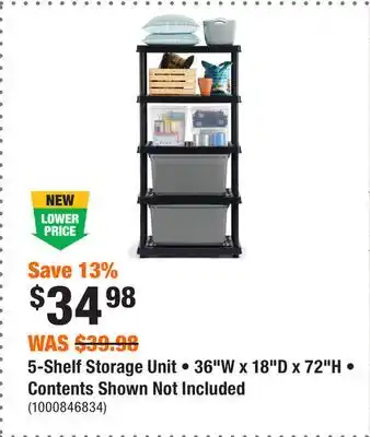 Home Depot 5-Shelf Storage Unit • 36W x 18D x 72H • Contents Shown Not Included offer