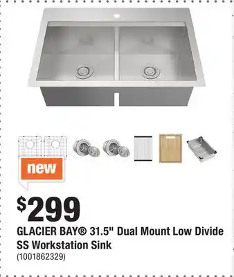 Home Depot GLACIER BAY 31.5 Dual Mount Low Divide SS Workstation Sink offer